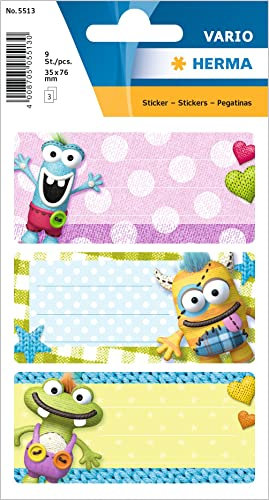HERMA 5513 Buchetiketten zum Beschriften Kleine Monster, 9 Stück, 76 x 35 mm, selbstklebend, liniert, Buchaufkleber für Schule Kinder Mädchen Jungen, mehrfarbige Heftetiketten Aufkleber, bunt