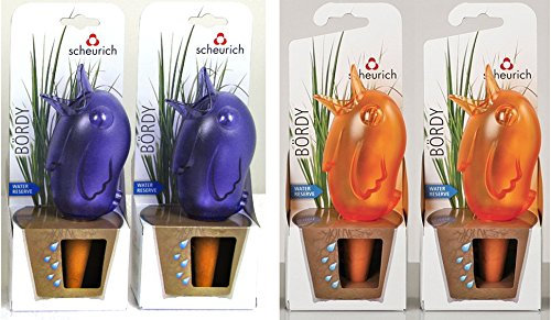 Scheurich Wasserspender Bördy S | 4er Set Lila/Orange | 90 ml Füllmenge | Bewässerungskugel klein mit Ton Fuß | Wasserspender Pflanzen und Blumen Terrakotta Stiel