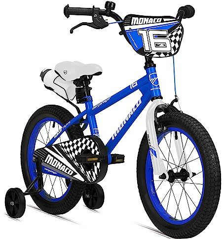 Bergsteiger Monaco 16 Zoll Kinderfahrrad BMX Rücktrittbremse | Mit V-Bremse, Stützrädern, A-Headvorbau, Trinkflasche und Doppelwandfelgen, ideal ab 110 cm für erste Fahrten mit Klingel.