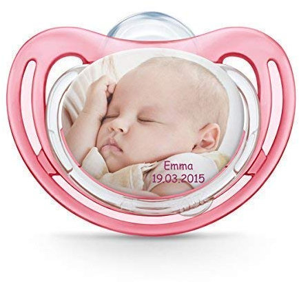 NUK Freestyle Silikon Schnuller mit persönlichem Bild, Text, Widmung oder Datum, BPA frei (6-18 Monate, Rosa) myNUK1017P