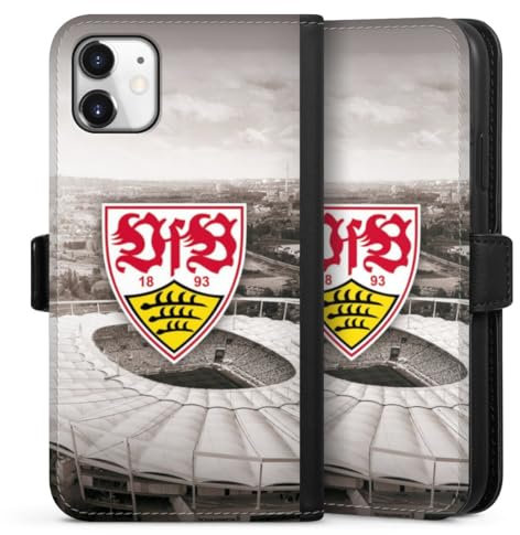 Klapphülle kompatibel mit Apple iPhone 11 Handyhülle aus Kunst Leder schwarz Flip Case VfB Stuttgart Offizielles Lizenzprodukt Stadion
