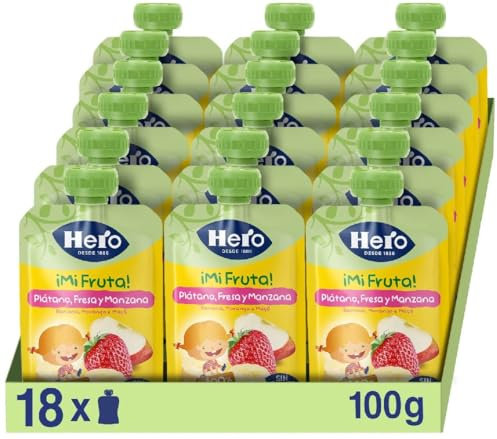 Hero - Bolsitas con Plátano, Fresa y Manzana, Para Bebés a Partir de los 12 Meses - Pack de 18 x 100 g, El embalaje puede variar