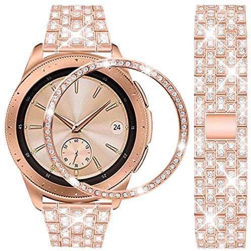 DEALELE Armband Kompatibel mit Samsung Gear Sport/Galaxy Watch 42mm / Galaxy Watch 4 Classic (42mm), 20mm Luxus Strass Diamant Metall Armbänder mit Bezel Ring Schutzhülle Ersatz bänder, Roségold