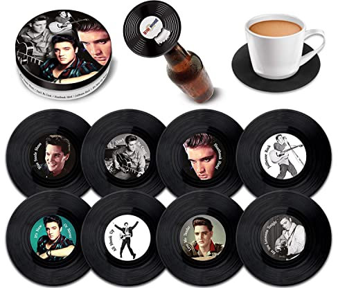 Elvis Presley 8-teiliges Mini-Vinyl-Schallplatten-Untersetzer-Set mit Dose und magnetischem Flaschenöffner