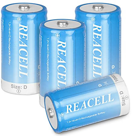 REACELL 4 Pack NIMH D Size Rechargeable Batteries, 1.2V 10000mAh High Capacity D Battery Cell Rechargeable Batteries with Battery Cases