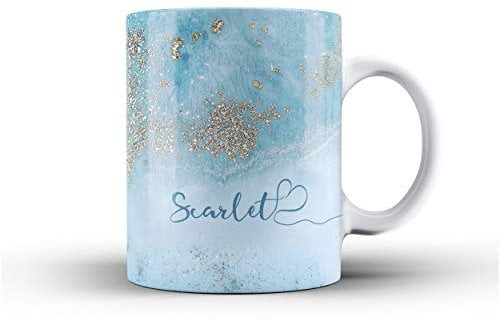 Personalised Marble Glitter Flowing Name with Heart Ceramic Mug - 11. Light Blue Marble with Faux Gold Sparkle Name
