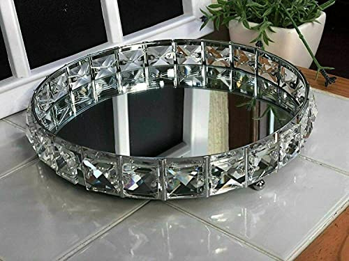 EEMKAY® New Beautiful Ornate Design Diamante Mirrored Candle Plate Big Jewelled Decorative Tray (25cm)