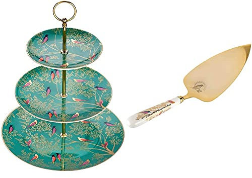 Sara Miller for Portmeirion Chelsea 3 Tier Cakestand Green, Ceramic, 280 x 280 x 60 cm and Home & Gifts SMC1104-XG Sara Miller for Chelsea Cake Slice, Ceramic, Multi-Colour, 25cm
