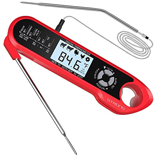 Roses&Poetry Küchenthermometer Digitales kochthermometer mit 2 Sonden, Alarmeinstellung, großem Bildschirm mit Hintergrundbeleuchtung, wasserdichtem, sofort ablesbarem backthermometer (Rot)
