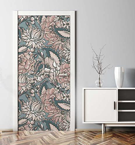 MyMaxxi - Tür bekleben mit Türtapete Selbstklebend 90x200 Vintage Tapete blau - Tür verschönern Türfolie - Türaufkleber XXL Aufkleber Folie- Türposter Türklebefolie Blumen Pflanzen blau -