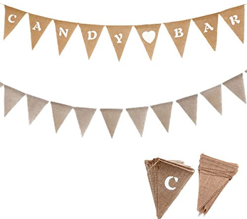 rustikalem Vintage Candy BAR Girlande banner + Leinen jute Wimpelkette,Candy Bar Dekoration Zubehör Hochzeit Geburtstag, Candy bar Girlande für Hochzeit Party Geburtstag Deko Fotorequisite
