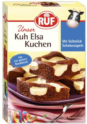 RUF Kuh Elsa Kuchen, Schokokuchen mit Kuhflecken aus Quarkcreme und Schokoraspeln aus Vollmilchschokolade, praktische Backmischung für Kindergeburtstag, 1x750g