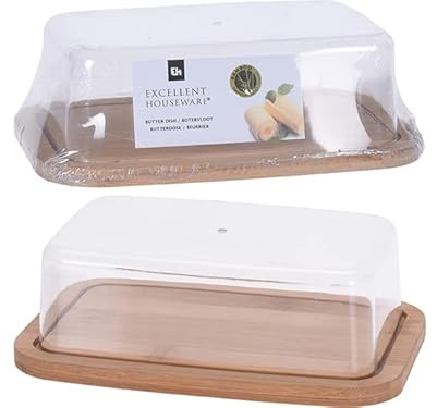 REDSHIP,Mantequilla de bambú con tapa,Contenedor para servir mantequilla Bandeja de mantequilla vintage con cubierta de plástico para mesa de cocina, encimera y refrigerar