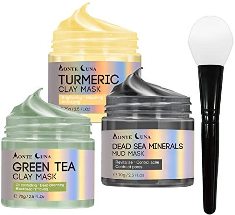 COSMTEK Monte Luna Green Tea Clay Mask, Dead Sea Minerals Mud Mask, Turmeric Clay Facial Mask, Face Masks Skincare for Pore, Blackhead, Blemish and Acne, 70g each