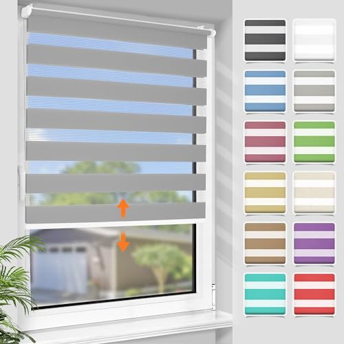 SBARTAR Doppelrollo schnurlos Klemmfix Rollos für Fenster ohne Bohren & zum Bohren, Hellgrau B70 x H120 cm, Drücken Und Ziehen Springrollos, Lichtdurchlässig Aber Blickdicht Mittelzugrollo