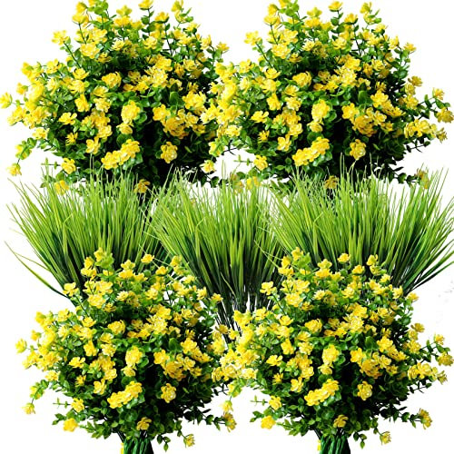 YXYQR 14pcs Artificial Flowers Outdoor UV Resistant Bulk Fake Plastic Plants Outside Indoor Hanging Baskets Faux Greenery Shrubs Arrangement for Pots Vase Porch Window Box Patio Decoration (Yellow)