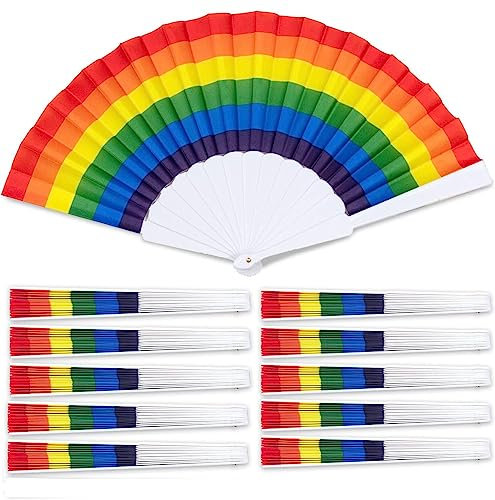 BSTMOME 10 Pieces Rainbow Folding Fans Colorful LGBTQ Hand Held Fan Summer Accessory Dancing Props Church Wedding Gift Party Favors for Rainbow Party Decoration (Horizontal Stripes)