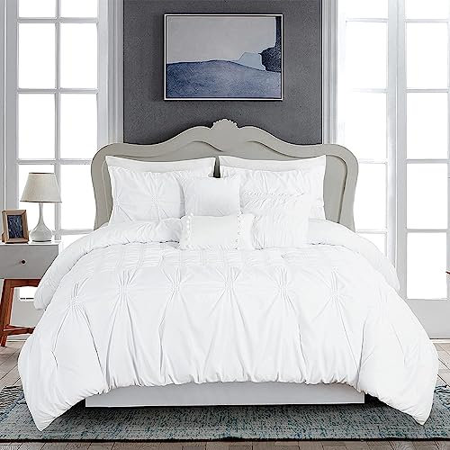 JML Queen Comforter Set, 7 Piece Pinch Pleat Bed in a Bag Set with Shams and Decorative Pillows - Luxury Pintuck Microfiber Down Alternative Bedding Comforter Sets,White