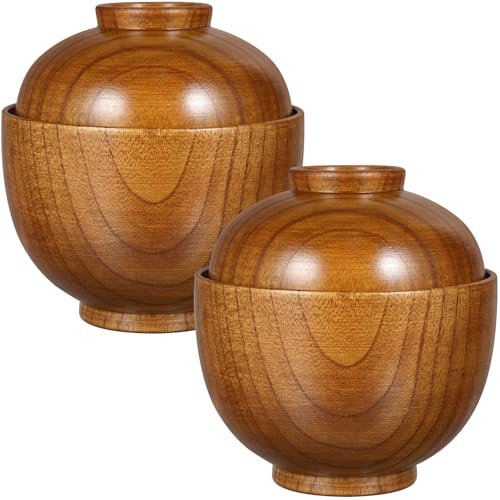 Baluue MISO Suppenschalen 2er Set, Suppenschalen aus Holz mit Deckel, handgefertigte japanische Stil Miso Suppenschüssel, Isolierte Jujube-Holzschalen für