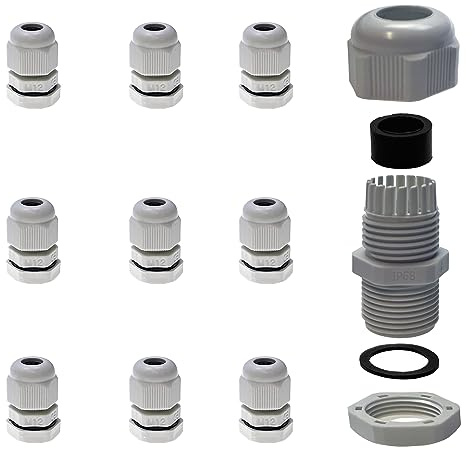 Alkan Kunststoff Kabelverschraubung M12 x 1,5 IP68 10 Stück 3-6,5 mm | Metrische graue Kabeldurchführung mit Gegenmutter, wasserdicht IP68, Kabeldurchlass für Kabel & Leitungen