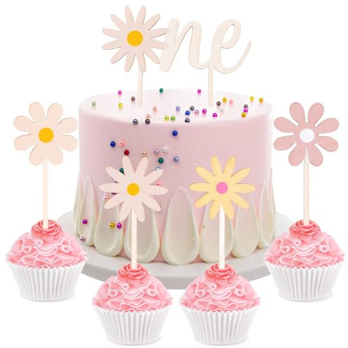5stk Boho Kuchenaufsatz, ONE Kuchenaufsatz Groovy Retro Hippie Boho Gänseblümchen-Kuchendekorationen Blumen-Dessert-Cupcake-Aufsatz für Kuchen-Party-Dekorationszubehör