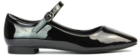 ESSEX GLAM Womens Mary Jane Ballet Shoes Ladies Flats Buckle Strap Square Toe Black Patent Dolly Pumps Size 8