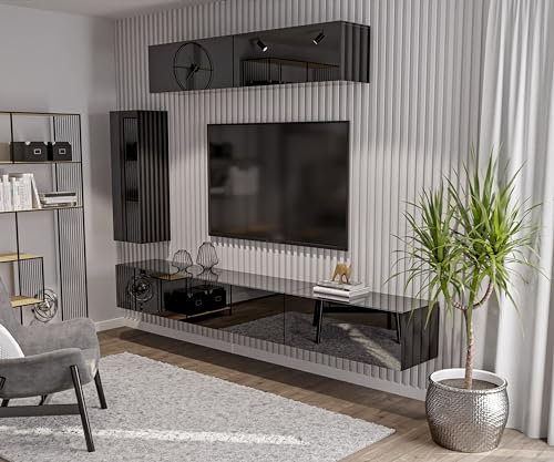 HAJDUK FURNITURE - Parete Attrezzata Set Mobile TV 270 cm, Armadio laterale, 2x Armadio superiore, Nero Lucido Set da Soggiorno Porta TV, Parete Attrezzata Soggiorno Moderna