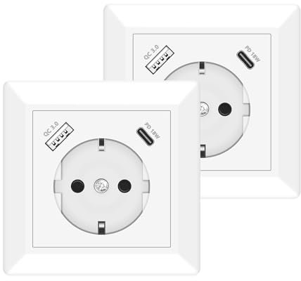 Sasudose USB Steckdose, 2 X Schuko Steckdose mit USB C Ladegerät Anschluss PD 18W Schnellladung System 55 Reinweiß Glänzend Unterputz Wandsteckdose Passent in Standard Unterputzdose für Büro Hause