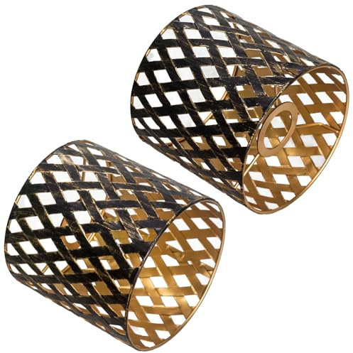 2PsmallZTblsGshade Living Room Lamp Shades Set of 2 Drum Shapes in Gold and Black Metal Pendant Lampshade Light Covers