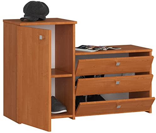 BDW - Schuhschrank - Kommode - Sitzbank mit Stauraum - mit 3 Klapptüren - Schuhkipper - Dielen- & Flurmöbel - Kommodenschrank - Schuhregal - Flurschrank - Modern - Klein - Erle
