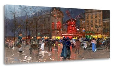 OUTFYT „Das Moulin Rouge, Abend“ Berühmte Gemälde Landschaft Druck auf Leinwand Ölgemälde-Reproduktionen Leinwand-Wandkunst für Wohnzimmer, 20 x 36 cm gerahmt