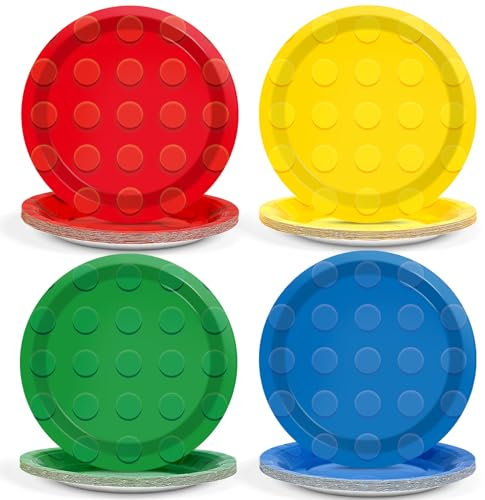 48Pcs Building Block Birthday Party Paper Plates for Building Bricks Themed Party Supplies 7 Colorful Build Block Disposable Dessert Tableware Plates for Kids Boy Baby Shower Table Decorations