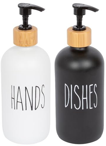 Harbour Housewares 2pc Glass Hand & Dish Soap Dispenser - White/Black - 500ml Refillable Soap Dispensers Hand and Dish Liquid Pump for Bathroom, Kitchen, Laundry Room