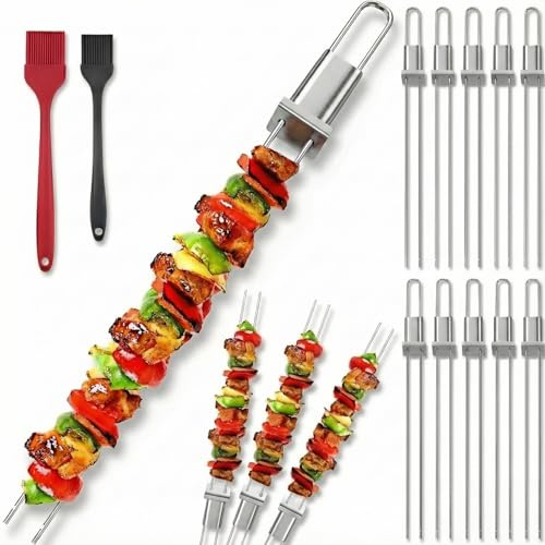Fengzhe Kabob Skewers for Grilling,10 Pack 13 Double Pronged Skewers with Push Bar,Stainless Steel BBQ Skewers with 2 Brushes,Reusable for Meat,Shrimp,Chicken,Veggie,Perfect for Camping&Family Use.