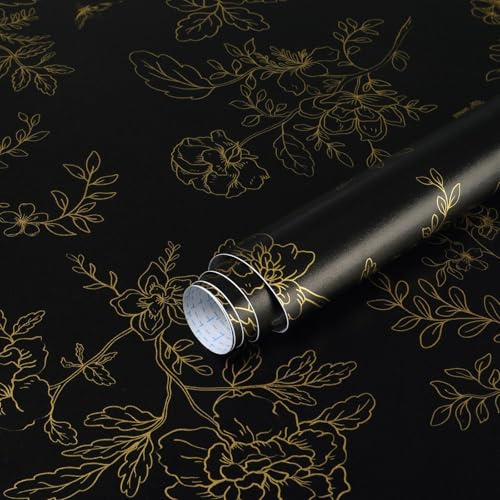 Fiula Selbstklebende Tapete Klebefolie Möbel Blumen 44CM×3M Möbelfolie Selbstklebend Vinyl Wrap Schwarz und Gold Blumentapete Blätter Vintage Schmetterling Dekorfolie Wohnzimmer Wasserdicht Wallpaper
