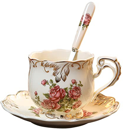 Porzellan-Untertassen mit Rosenblütenmotiv, 250 ml, Keramik, Teetasse und Untertassen mit Löffel, Trinkutensilien