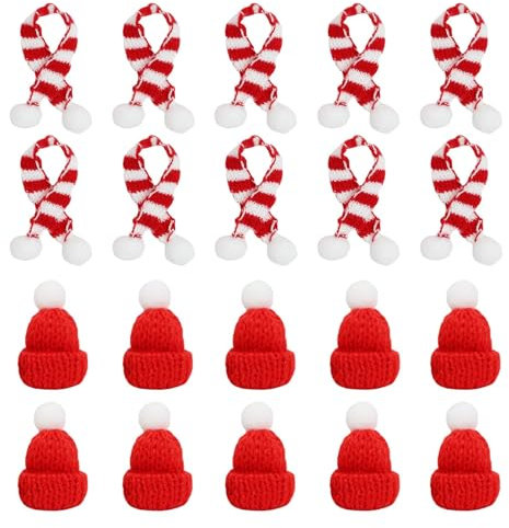 Hioip 20 Stück Mini Weihnachtsmütze und Schal Set, mini Weihnachtsmannmütze Mützen Zum Basteln Nikolausmütze Mini-Strickmütze für Weihnachten Party Weinflasche Abdeckung Puppenhaus DIY Dekoration