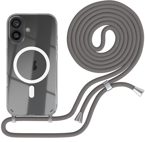EAZY CASE - Handykette kompatibel mit iPhone 16 Kette zum Umhängen Stoßfest Handyhülle für Apple iPhone 16 Silikon Hülle mit Band Handytasche Transparent als Fallschutz in Anthrazit