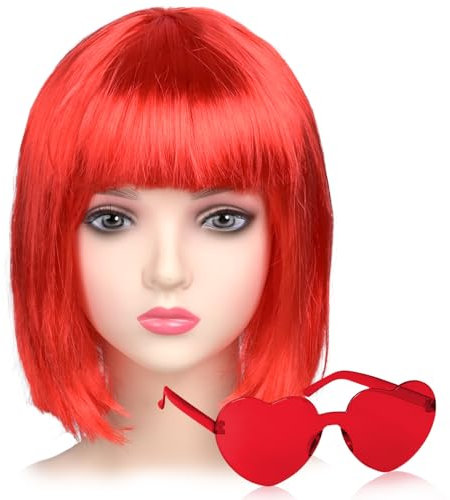 iZoeL Bob Perücke Kurze Bob Wig Damen Rot Haar Perücken Gerade mit Flach Pony 80er 70er Jahre Perücke Brille Karneval Fasching Cosplay Perücke