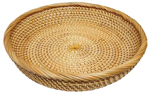 RT&BS Rattan Fruit Basket, Round Rattan Bread Basket, Natural Wicker Key Tray, Natural Wicker Decorative Tray, Handwoven Baskets for Storage Bread, Fruit, Snacks, Candy, Keys, Small items (L)