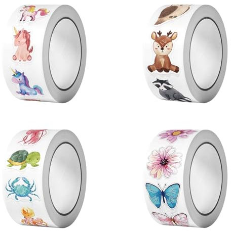 2000 Blatt 4 Bände AnimalSticker,Selbstklebende Sticker Tiere,Runde Tier Aufkleber,Schmetterling Aufkleber Roll,Meerestiere Aufkleber Kinder,Aufkleber Tiere,Meerestiere Sticker Set