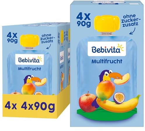 Bebivita Multifrucht Quetschie – 16 Stück (4er Pack, je 4 x 90g), ohne Zuckerzusatz, glutenfrei, ideal für unterwegs und selbständiges Snacken