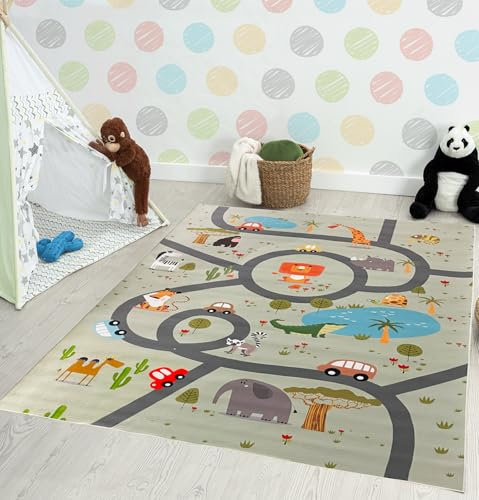 the carpet Happy Life Kinderzimmer, Kinderteppich, Spielteppich, Straßenteppich, Straße, Dschungel, Tiere, Auto, Dschungel-grün-2, 140 x 200 cm