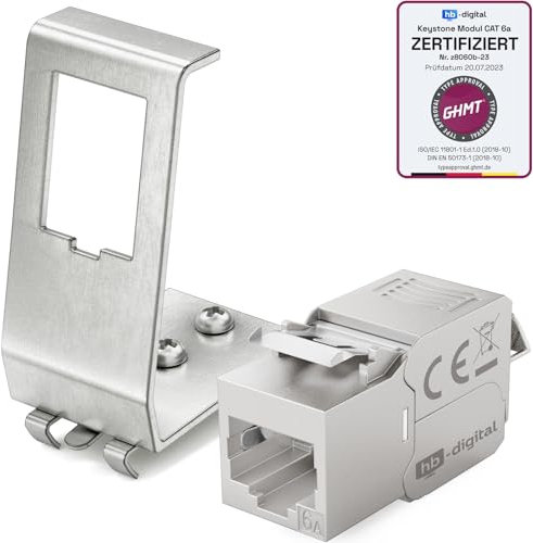 hb-digital CAT 6a 1x Keystone Modul RJ45 mit 1x 1-Port Hutschienenadapter Keystone-Halterung Metall Edelstahl STP 10 Gbit/s 35 mm Hutschienen werkzeuglos LSA