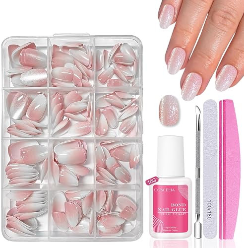 Nagel Tips Set - 240 Stück Rosa Glitzer Cat Eye Falsche Nägel Zum Aufkleben - Schimmerndes Pink Gradient Design Künstliche Fingernägel Fake Nails Soft Gel für Frauen Nail Art (Rosa Glitzer Mandel)
