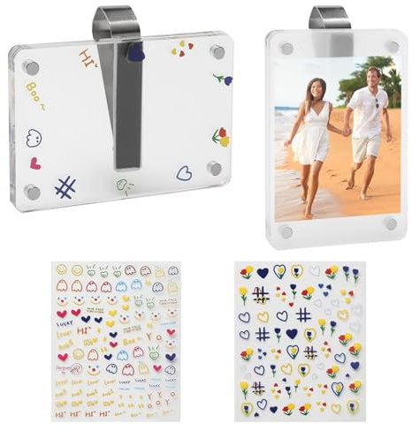 Lot de 2 cadres photo de voiture polyvalents avec 2 autocollants, accessoires de voiture personnalisés, cadre photo magnétique en acrylique pour pare-soleil de voiture, réfrigérateur, casiers en métal