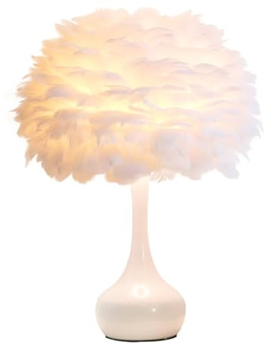 GUANSHAN Elegante Feder-Tischlampe mit weißem Sockel, einfache, romantische und schöne Nachttischlampe, Tischleuchte, Federlampenschirm für Schlafzimmer, Wohnzimmer, Hochzeitsgeschenk