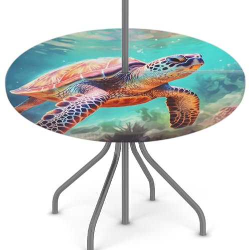 Woltant Mantel redondo con agujero para sombrilla y cremallera, fácil de limpiar, con bordes elásticos, protector de mesa para jardín, patio, barbacoa (tortuga submarina)