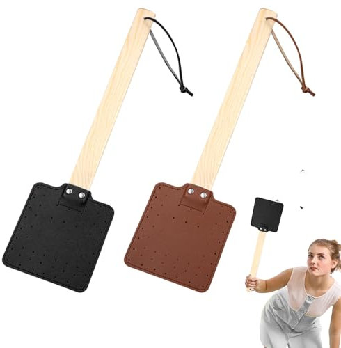 Riisoyu Matamoscas de Cuero, 2 Piezas Matamoscas de Piel Resistente con Mango de Madera con Cuerda Colgante Matamoscas Manual Atrapamoscas para Interior y Exterior (Negro, Marrón)