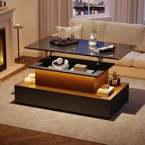 ModernLuxe LED High Gloss Lift Top Coffee Table with Storage, 1 Open Storage Space, 1 Hidden Storage Space and 4 Big Drawers, Rectangle Wooden Side Table for Living Room, Black, 90x55x42.5cm